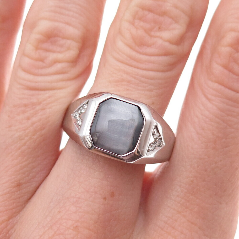 Dason 925 Sterling Silver Real Round-Cut Diamond & Cat's Eye Ring Size 11